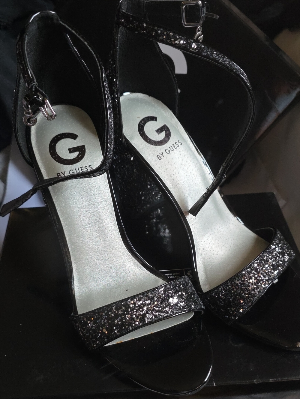 G by Guess Black Glitter Ankle-Strap Heels